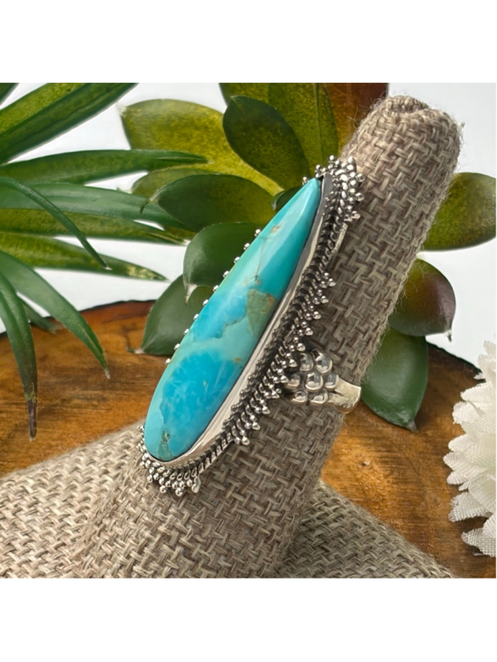 Sterling Silver 925 Turquoise Ring Size 7 Long Boho Southwest Blue New - Picture 7 of 13